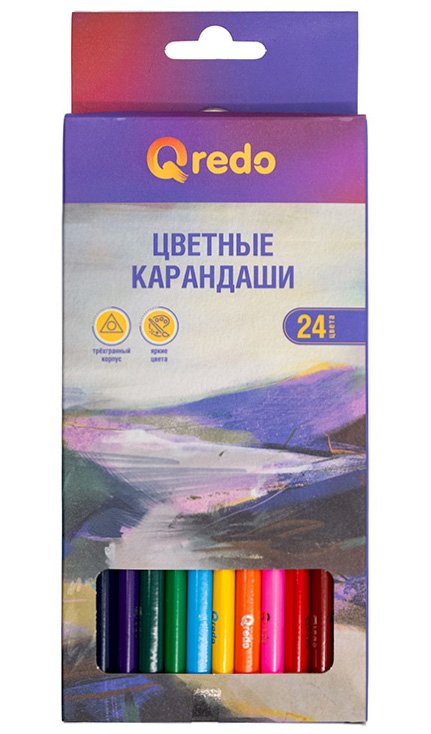 Карандаши цветные Qredo Mountain River выполнены из дерева. Имеют заточенный трехгранный корпус. В набор входят карандаши 24 цветов. Предназначены для детского творчества и оформительных работ. Цвета устойчивые к воздействию солнечного света. Длина карандашей 175 мм. Поставляются в цветной картонной коробке с европодвесом.