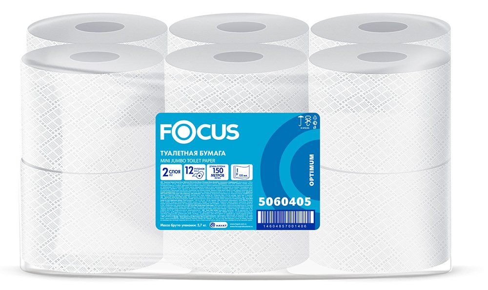 Туалетная бумага Focus Jumbo Premium, 150 метров, 2-слойная, белая, 12 штук