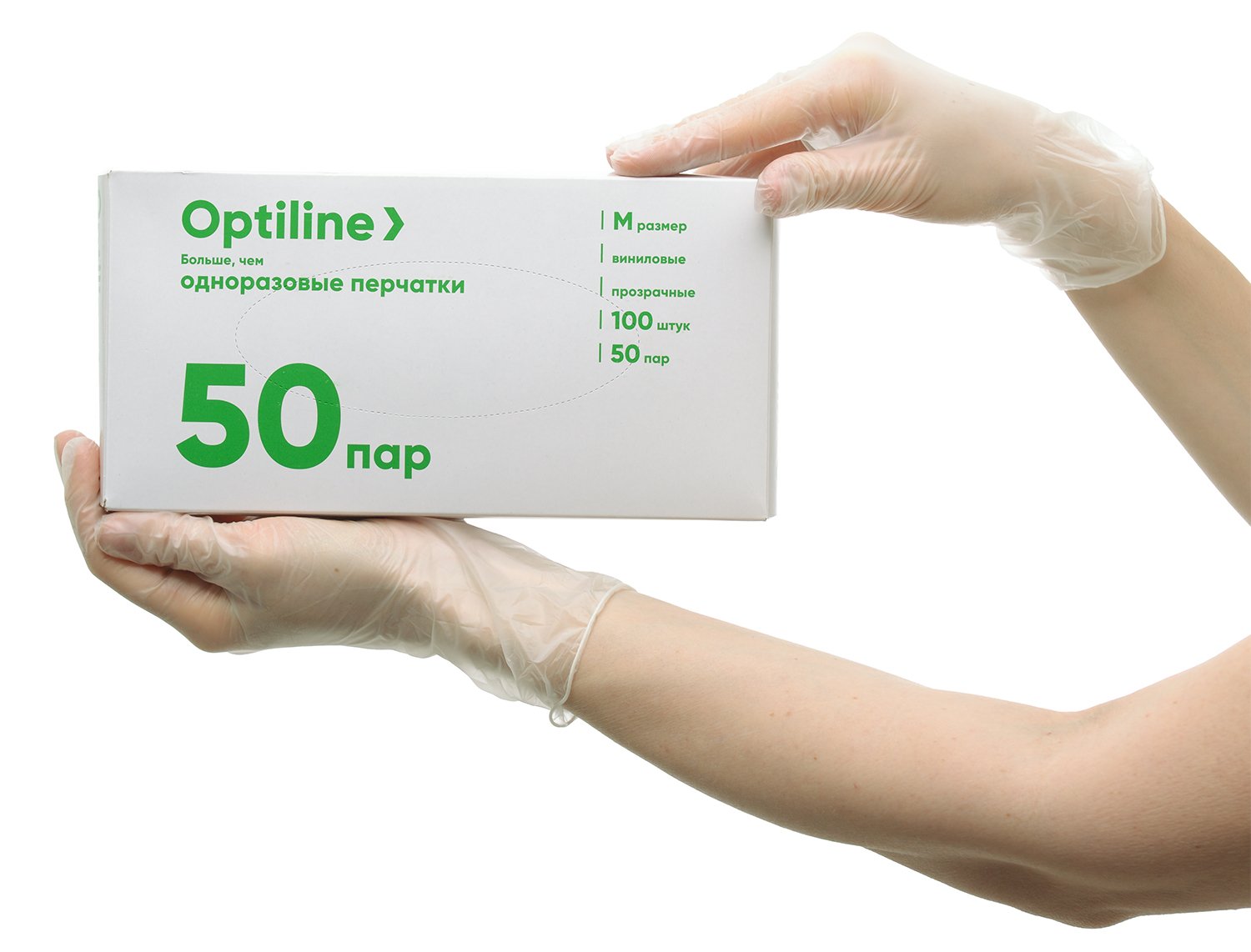 Перчатки виниловые Optiline, размер M, смотровые медицинские, не стерильные, неопудренные, 100 штук в упаковке - фото №1