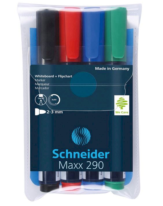 Набор маркеров для белых досок и флипчартов Schneider "Maxx 290", 3 мм, пулевидный, 4 цвета