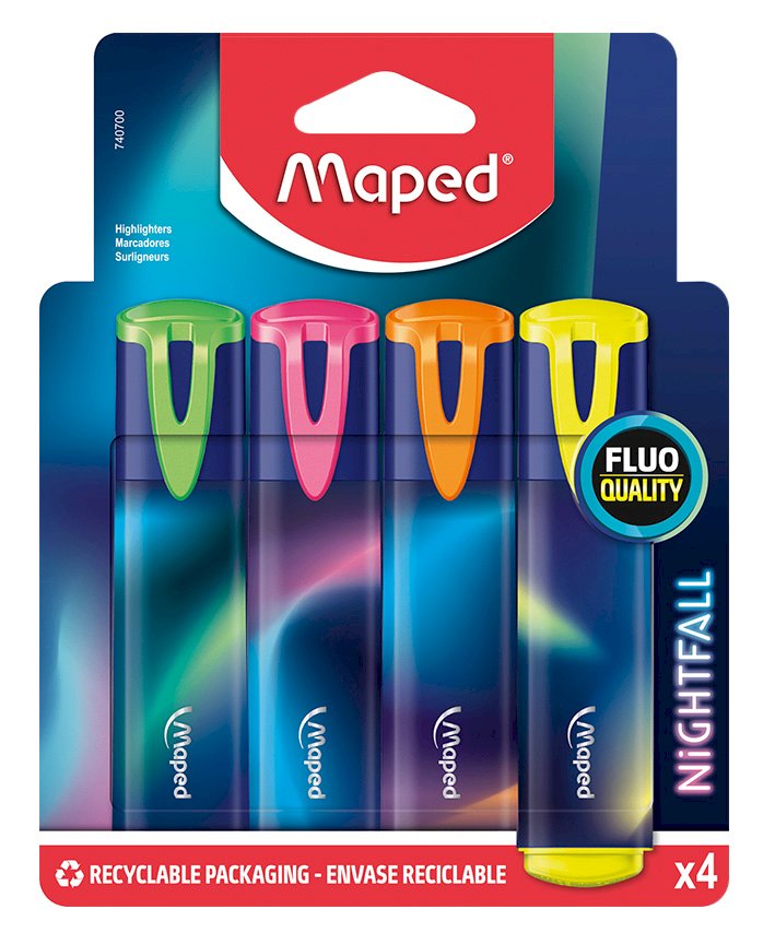 Набор текстовыделителей Maped Nightfall, 1-5 мм, скошенный наконечник, 4 штуки в наборе