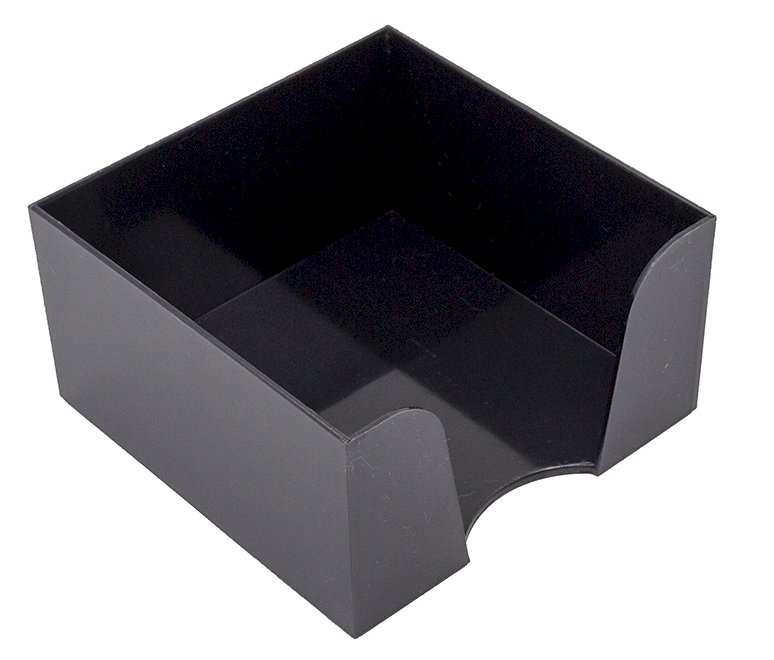 Подставка для бумажного блока изготовлена из черного пластика. Вмещает в себя блок размером 9х9х5 см. Оснащена выемками для удобного извлечения листов. Используется для организации рабочего пространства в офисе и дома.