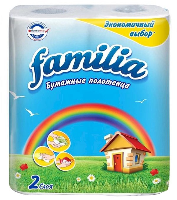 Полотенца бумажные Радуга FAMILIA, 2-слойные, 10 метров, белые, 2 рулона в упаковке