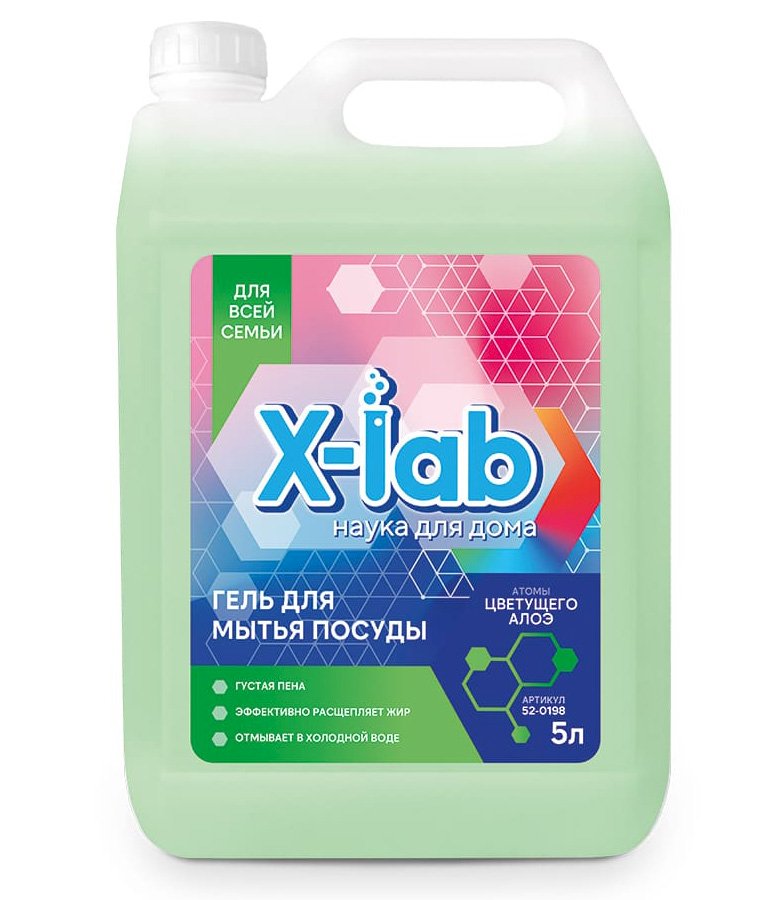 X-Lab Гель для посуды предназначен для ручного мытья посуды, столовых приборов и кухонного инвентаря. Может применяться для очистки рабочих поверхностей, столов, стен и других влагоустойчивых поверхностей. Растворяет жировые, белковые и другие пищевые загрязнения в воде любой температуры и жесткости. Обладает высокой растворимостью в воде и полностью смывается, не оставляя на поверхности посуды липкой пленки.  Бережно воздействует на кожу рук, не вызывает сухости и раздражения. Экономичен в использовании, может применяться разведенным, в виде 1-3% рабочих растворов. В пластиковой канистре 5 литров.