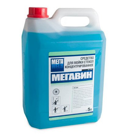 Средство для мытья стекол концентрированное Мегавин предназначено для очистки окон, зеркал, витрин, керамических, пластиковых, металлических, окрашенных и других поверхностей, а также для мойки стекол автомобилей. Средство концентрированное, эффективно обезжиривает, удаляет пыль, грязь, следы от пальцев, следы от насекомых,  быстро высыхает, не оставляет разводов, обладает антистатическим действием.  
Применимо для мытья полов (вручную и при помощи поломоечных машин).  
Состав:   >30% очищенная вода, 5-15% смесь растворителей, <5% НПАВ, <5% консервант, <5% отдушка, <5% краситель. Плотность: 0,98 – 1,05 г/см3. рН - 6,0-8,0.   
Поставляется в пластиковой канистре, объем 5 литров. В упаковке 4 штуки.

