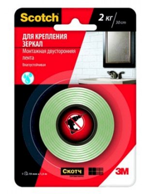Клейкая лента монтажная двусторонняя 3M Scotch, 19 мм x 1.5 м, для крепления зеркал, белая