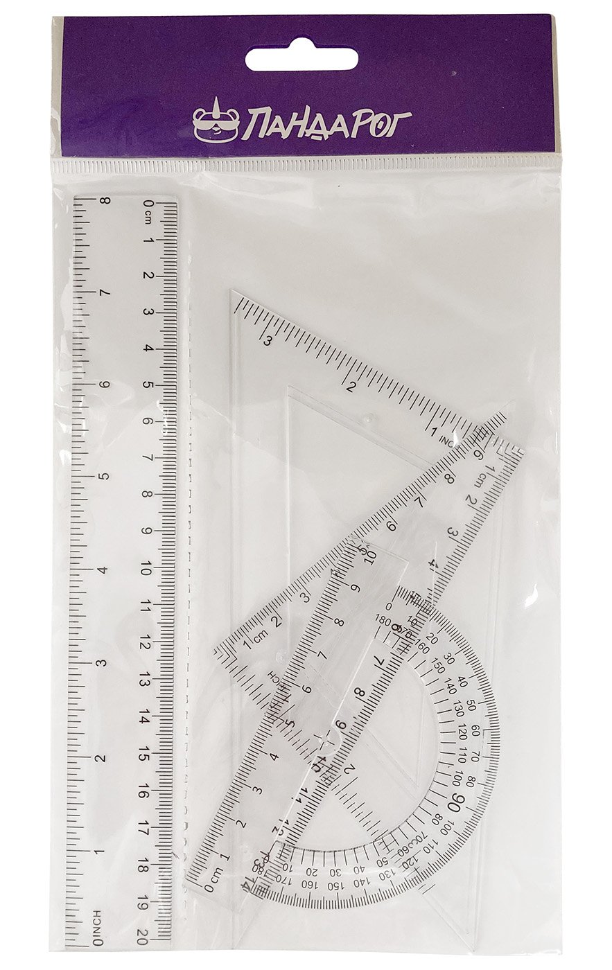 Набор чертежный ПандаРог включает в себя чертежные принадлежности из прозрачного пластика. Набор поставляется в прозрачном пакете с европодвесом. Линейка 20 см расположена в отдельном узком отсеке, имеет шкалу в сантиметрах и дюймах. В широком отсеке треугольники 14 см 60°/30° и 9 см 45°/45° со шкалой в сантиметрах и дюймах, а также транспортир 10 см. Набор предназначен для чертежно-измерительных работ в учебных заведениях и научно-исследовательских институтах.