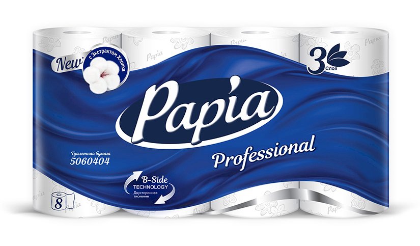 Papia Professional (Папья Профешнл) - трехслойная мягкая туалетная бумага с технологией двойного тиснения В-side.
Размер листа 120х95 мм. Длина рулона: 16,8 метров, 140 листов.

В упаковке 7 пачек по 8 рулонов. Материал 100% целлюлоза.