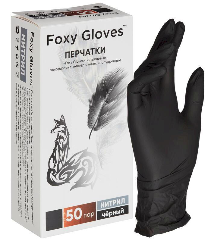 Перчатки нитриловые FOXY-GLOVES, размер M, черные, 100 штук