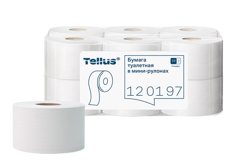 Туалетная бумага Tellus Стандарт в мини-рулонах - туалетная бумага базового качества. Производится из макулатуры (переработанного экологически чистого сырья), без перфорации и тиснения. Повышенная емкость гарантия минимального обслуживания. Экономичное решение Tellus в сочетании с держателем для использования в местах со средней и высокой проходимостью. Примерный расход на одного посетителя - 1,15 метра. Бумага совместима с диспенсером Торк системы Т2 со смотровым окном для своевременной замены рулона.
