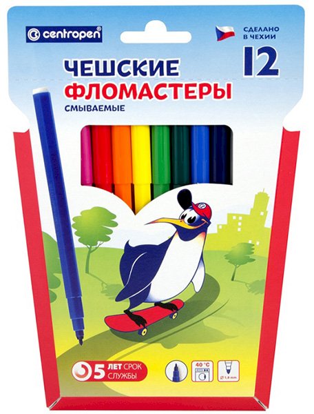 Фломастеры Centropen Пингвины, 12 цветов, смываемые, вентилируемый колпачок