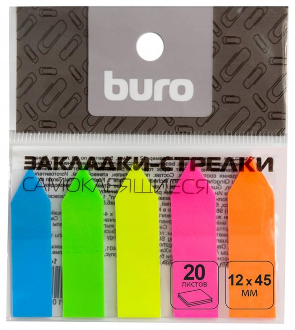 Закладки клейкие Buro "Стрелки" пластиковые, 12х45 мм, 5 неоновых ...