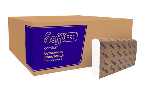 Полотенца бумажные SoffiPro Premium, 21х22 см, 2-слойные, Z-сложения, белые, 200 листов, 20 упаковок в коробе