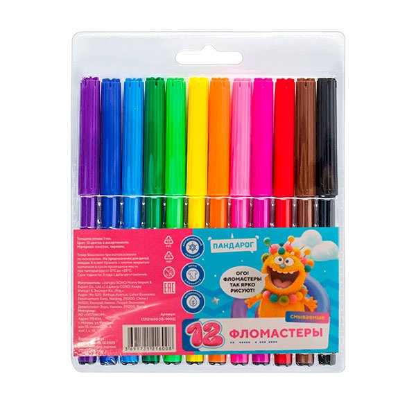 Фломастеры ПандаРог "Эмоциональный интеллект", 12 цветов, смываемые, в пластиковом блистере