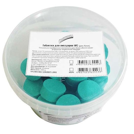 Таблетки для писсуаров Свежинка предназначены для чистки и дезинфекции сантехники в местах общественного пользования. При взаимодействии с водой создают пену и приятный освежающий аромат. В упаковке 36 штук. Поставляются в пластиковом ведре массой 1 кг.