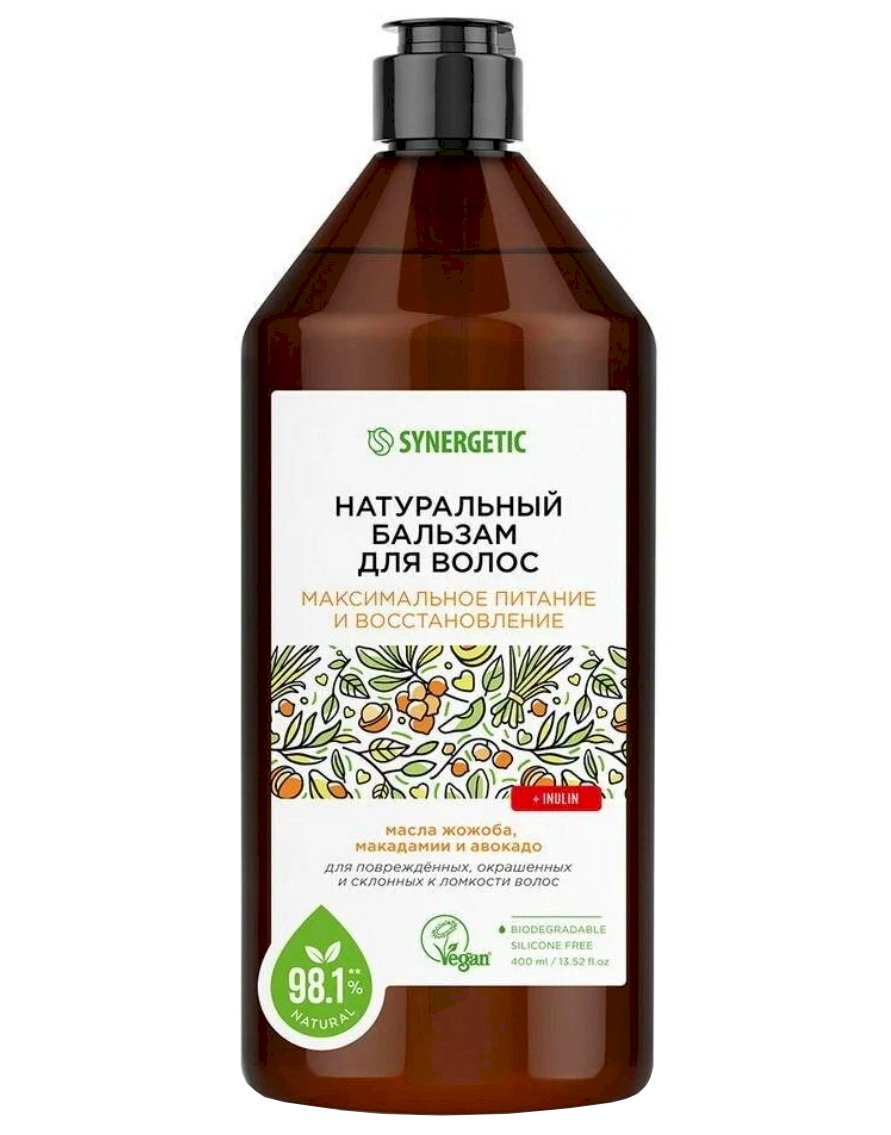 Бальзам для волос Синергетик «Максимальное питание и восстановление» объёмом 400 мл предназначен для интенсивного ухода за повреждёнными, окрашенными и ломкими волосами. Формула на основе натуральных масел жожоба, макадамии и авокадо глубоко питает и восстанавливает структуру волос, придавая им мягкость и здоровый блеск. Средство не содержит силиконов, парабенов и красителей, бережно увлажняет кожу головы и сохраняет естественный баланс её микробиома. Бальзам обеспечивает длительный кондиционирующий эффект, облегчает расчёсывание. Подходит для регулярного использования в домашнем и профессиональном уходе. 
