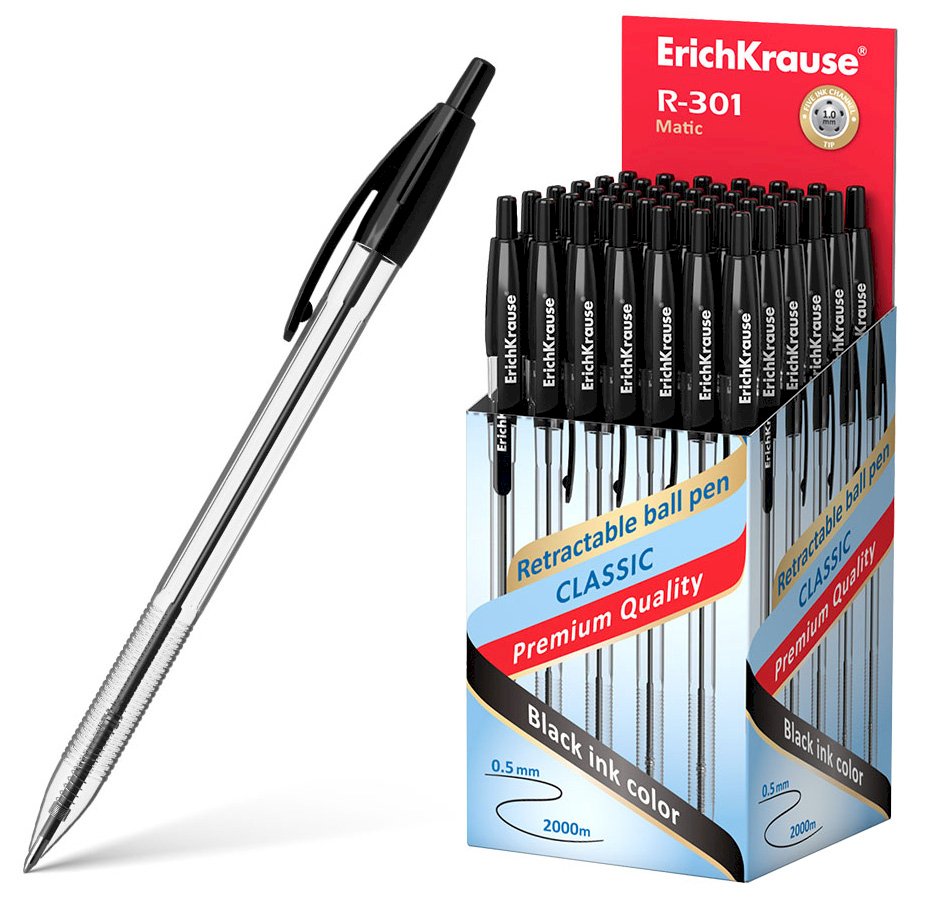 Ручка шариковая автоматическая ErichKrause R-301 Matic Clas, черная, толщина линии 0,5 мм