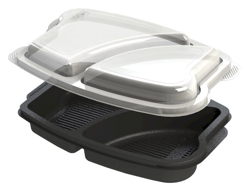 Черный прямоугольный контейнер КД-403 объемом 920 мл с двумя секциями изготовлен из прочного полипропилена, устойчив к механическим воздействиям, жирам и кислотам. Безопасный для пищевых продуктов, он выдерживает хранение в холодильнике и разогрев в микроволновой печи без крышки. Две секции позволяют раздельно упаковывать основные блюда с гарниром или салатом, закуски, фруктовые миксы, сохраняя их вкус и текстуру. Контейнер идеален для ресторанов быстрого питания, служб доставки готовых блюд, кейтеринга и использования в качестве ланч-боксов. Совместим с герметичной крышкой арт.17-3060 (продается отдельно), которая позволяет безопасно перевозить еду, предотвращая разливание и сохраняя свежесть при доставке, переноске на работу, учебу или на пикник. Материал контейнера пригоден для вторичной переработки. Размер 262x182x55 мм. Упаковка содержит 250 штук.