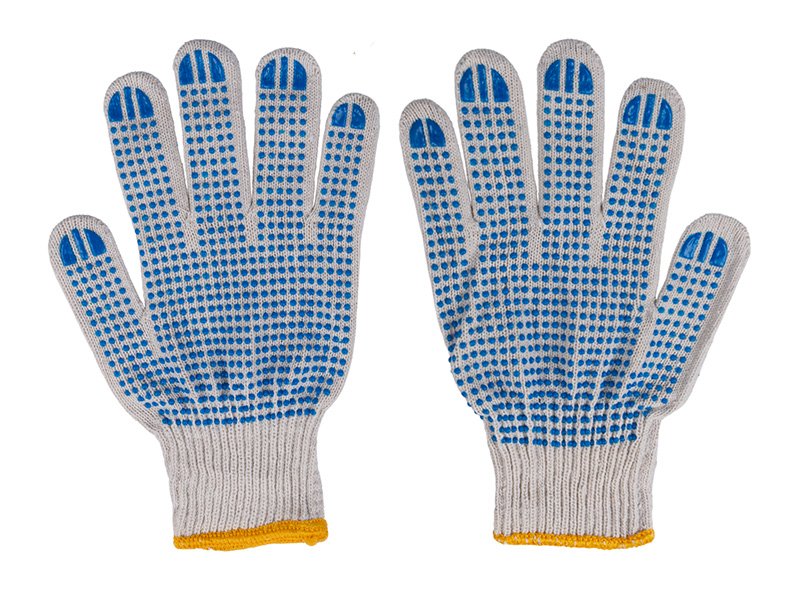 Перчатки хлопчатобумажные с ПВХ напылением предназначены для защиты рук при выполнении различных видов работ. Изготовлены из качественного хлопка с использованием технологии вязки 10 класса и пяти нитей, обеспечивают оптимальную плотность и прочность изделия. Точечное ПВХ напыление на пальцах и ладони обеспечивает сцепление с инструментами и обрабатываемыми поверхностями, предотвращает скольжение рук во время работы. Покрытие повышает износостойкость перчаток в местах наибольшего контакта, продлевает срок службы изделия. Хлопчатобумажная основа обеспечивает воздухопроницаемость, отвордит влагу рук при длительном использовании. Эластичная манжета плотно облегает запястье, исключает попадание пыли и мелких частиц внутрь перчатки.

Область применения: строительные и монтажные работы, складские операции, работа с инструментами, погрузочно-разгрузочные работы, садово-огородные работы, автосервис, промышленные предприятия.