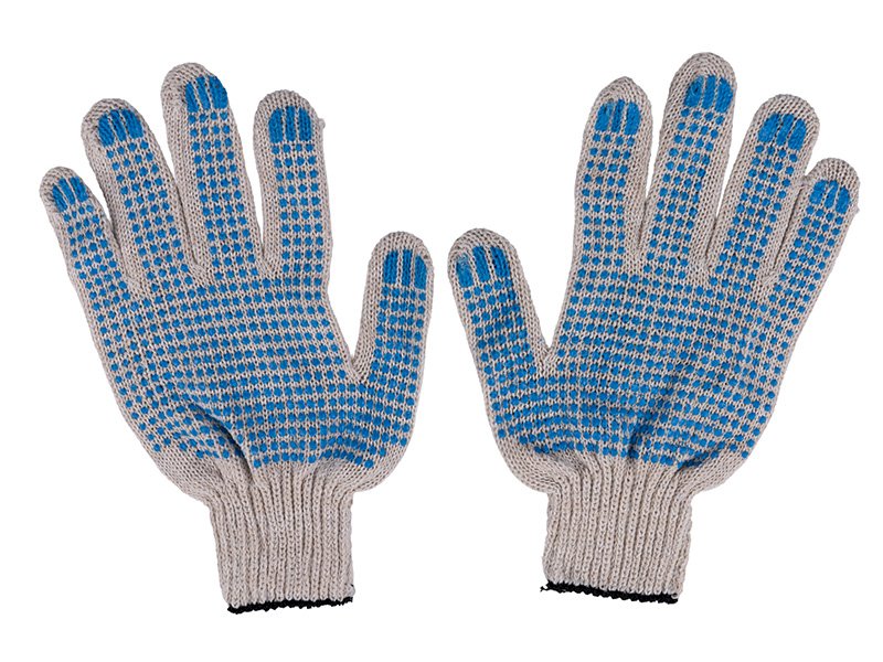 Перчатки хлопчатобумажные с ПВХ напылением предназначены для защиты рук при выполнении различных видов работ. Изготовлены из качественного хлопка с использованием технологии вязки 7 класса и четырех нитей, обеспечивают оптимальную плотность и прочность изделия. Точечное ПВХ напыление на пальцах и ладони обеспечивает сцепление с инструментами и обрабатываемыми поверхностями, предотвращает скольжение рук во время работы. Покрытие повышает износостойкость перчаток в местах наибольшего контакта, продлевает срок службы изделия. Хлопчатобумажная основа обеспечивает воздухопроницаемость, отвордит влагу рук при длительном использовании. Эластичная манжета плотно облегает запястье, исключает попадание пыли и мелких частиц внутрь перчатки.

Область применения: строительные и монтажные работы, складские операции, работа с инструментами, погрузочно-разгрузочные работы, садово-огородные работы, автосервис, промышленные предприятия.
