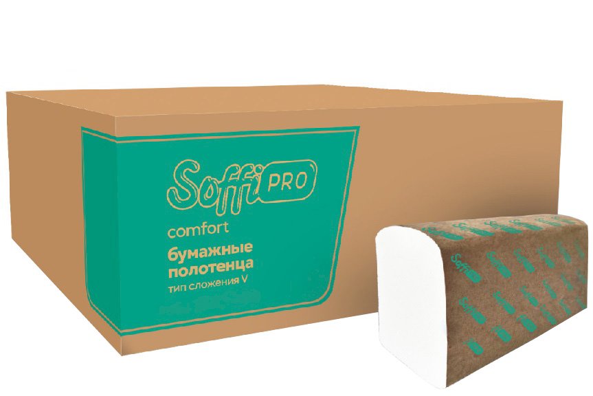 Полотенца бумажные SoffiPro Comfort, 21х23 см, 1-слойные, V-сложения, белые, 250 листов, 20 упаковок в коробе
