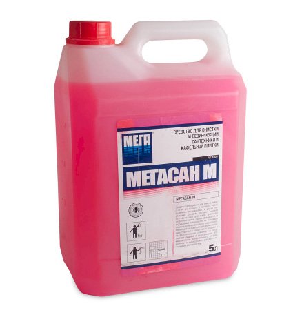 "Средство для очистки и дезинфекции сантехники и кафельной плитки Мегасан М гелеобразное для очистки различных поверхностей от водного и мочевого камня, ржавчины, масложировых, комбинированных минеральных, органических и других загрязнений. Средство обладает высоким бактерицидным действием, устраняет неприятные запахи. Хорошо удерживается на вертикальных поверхностях, не повреждает обрабатываемые поверхности, придает блеск. Рекомендуется применять для мойки сантехники, туалетных и ванных комнат, душевых и бассейнов.
Средство обладает высокой моющей способностью и бактерицидным действием. Эффективно растворяет водный и мочевой камень, ржавчину и другие загрязнения. Хорошо удерживается на вертикальных поверхностях, придает блеск.
Рекомендации по применению:
Очистка слабозагрязненных поверхностей
Используйте готовое средство или рабочий раствор 3-6% концентрации (30-60мл средства на 1л воды). Нанесите раствор методом протирания или распыления на загрязненную поверхность, протрите и промойте водой.
Очистка сильнозагрязненных поверхностей
Используйте готовое средство. Нанести небольшое количество средства на загрязненную поверхность, выдержите 2-10 минут, при необходимости разотрите щеткой или обработайте повторно. После применения тщательно промойте водой.

Состав: >30% очищенная вода, 15-30% смесь органических и неорганических кислот, <5% смесь НПАВ, <5% модификатор реологии, <5% отдушка, <5% краситель.
рН: 2,0–3,0 Плотность: 1,08 – 1,15 г/см3

Меры предосторожности: Средство содержит кислоту! При работе использовать резиновые перчатки. Не допускать попадания средства на слизистые оболочки и кожу, в случае попадания - промыть большим количеством воды.
Хранить в таре изготовителя с плотно закрытой крышкой при температуре от -5 до +30°C, не допускать попадания прямых солнечных лучей. Средство замерзает, после размораживания восстанавливает свои физико-химические свойства и моющую способность. Рекомендуется после размораживания перемешать встряхиванием.
Срок годности 24 месяца со дня изготовления. ТУ 2381-036-52662802-2009 с изм. № 1. Поставляется в пластиковой канистре, объем 5 литров."
