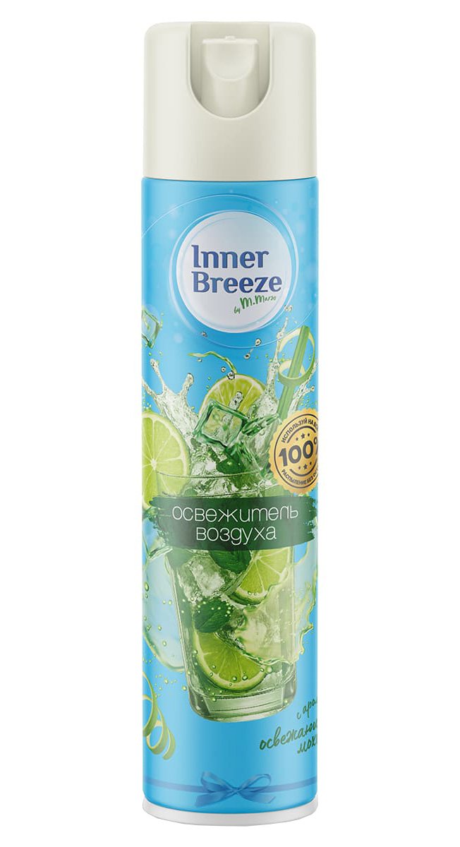 Освежитель воздуха Inner Breeze Освежающий мохито создает атмосферу свежести и комфорта в любом помещении. Аэрозольный спрей с ярким ароматом лайма и мяты мгновенно устраняет неприятные запахи и наполняет пространство бодрящими нотками популярного коктейля мохито. Освежитель эффективно нейтрализует табачный дым, запахи готовки, домашних животных и другие нежелательные ароматы. Тонкое распыление обеспечивает равномерное распределение аромата по всему помещению. Формула быстрого действия начинает работать сразу после применения, создавая длительный эффект свежести. 
Цитрусово-мятная композиция с освежающими нотками лайма и прохладной мяты дарит ощущение чистоты и бодрости, поднимает настроение и создает позитивную атмосферу. Подходит для использования в туалетных и жилых комнатах, кухне, ванной, офисных помещениях, автомобиле.

Удобный аэрозольный баллон объемом 300 мл обеспечивает экономичный расход и простоту применения. Компактный размер позволяет легко хранить освежитель в любом удобном месте.