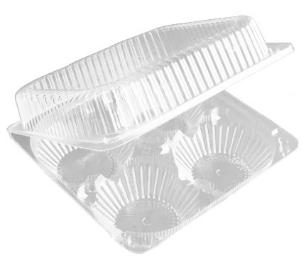 Контейнер с неразъемной крышкой для кексов или пирожных-корзиночек. Изготовлен из полистирола прозрачного цвета. В контейнере 4 ячейки, диаметр верхнего края 85 мм, диаметр нижнего края 53 мм. Размер контейнера 186х186х81мм.  В упаковке 380 штук.