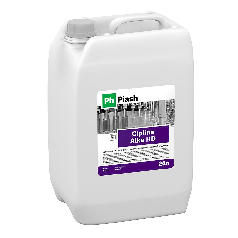 Ph Cipline Alka HD Щелочное моющее средство для внутренней мойки оборудования предназначено для рециркуляционной мойки трубопроводов, линий розлива и емкостей, автоматической беспенной мойки коптильных печей, для мытья автомолцистерн, резервуаров, тары, инвентаря, инструментов, технологического оборудования. Эффективно удаляет белок, крахмал, нагары, масложировые и другие загрязнения органического происхождения. Подходит для использования в таромоечных и рамомоечных машинах. Подходит для применения в воде высокой жесткости, содержит ингибиторы коррозии. Не применять на алюминиевых, латунных и других поверхностях, не устойчивых к действию щелочи.

Область применения: на предприятиях пищевой и перерабатывающей промышленности (в т.ч. мясной, рыбной, птицеперерабатывающей, молочной, хлебобулочной, кондитерской, масложировой, плодоовощной, консервной, мукомольной и крупяной, крахмальной), растениеводства, животноводства, птицеводства, ветеринарных учреждений, предприятиях по производству напитков (в т.ч. пива, вина, спирта, безалкогольных напитков, минеральных вод), детского питания, предприятиях машиностроительной, топливно-энергетической, нефтеперерабатывающей, обрабатывающей,
фармацевтической, б иотехнологической, парфюмерно-косметической промышленности, предприятиях общественного питания, торговли, на фабриках-кухнях, в санаторно-курортных и оздоровительных учреждениях, образовательных учреждениях (в т.ч. детских, дошкольных, школьных), организациях культуры, отдыха и спорта, лечебно-профилактических учреждениях и медицинских организациях, на предприятиях коммунально-бытового обслуживания, объектах транспортной инфраструктуры, транспорте, в организациях государственных структур и населением в быту.

Способ применения: 
 Автоматизированная и CIP мойка: рекомендуется использовать в соединении с автоматическими системами дозирования в концентрации 0,5–2,0%.
 Автоматическая мойка коптильных печей: проверить наличие средства в канистре → в автоматическом режиме необходимо руководствоваться инструкцией производителя оборудования.
 Для мойки посуды в ПММ: используйте автоматическое дозирующее оборудование для своевременной подачи моющего средства в бак ПММ из расчета 0,5–5,0 г на литр воды.

Состав: >30% вода деионизированная, гидроксид натрия, 5-15% гидроксид калия, комплексообразователи, < 5% НПАВ.

Показатель pH ≈ 13

Меры предосторожности: Средство содержит щёлочь. Не употреблять в пищу. Не смешивать с другими чистящими и моющими средствами. Использовать перчатки. При попадании на кожу или в глаза промыть большим количеством воды, при необходимости обратится к врачу.

Хранение и транспортировка Хранить в местах, недоступных для детей, отдельно от пищевых продуктов и лекарственных средств, вдали
от источников тепла при t° от -5°С до +30°С. Средство замерзает, после оттаивания сохраняет свои свойства. Перевозится всеми видами транспорта. Не является опасным грузом.

Срок годности: 3 года с даты изготовления.

Продукт разработан для профессионального применения. Компания-производитель не несет ответственности за неправильное использование и хранение средства.