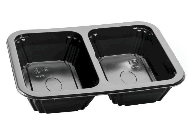 Двухсекционный контейнер под запайку изготовлен из черного полипропилена. Безопасен для контакта с пищевыми продуктами, устойчив к жирам, влаге и перепадам температур, подходит для хранения в холодильнике и разогрева в микроволновой печи (после снятия упаковочной пленки). Имеет две одинаковые секции, предназначен для фасовки и раздельного хранения основного блюда и гарнира, салатных миксов, овощных и фруктовых ассорти, различных десертов и полуфабрикатов. Совместим с ручными и автоматическими системами запайки пленкой благодаря ровной верхней кромке, обеспечивающей герметичность. Широко используется в ресторанах быстрого питания, кулинариях, службах доставки готовых обедов, кейтеринге и пищевых производствах, при организации питания в транспорте и проведении выездных мероприятий. Материал контейнера пригоден для вторичной переработки. Размер контейнера 187х137х36 мм. В упаковке 400 штук.
