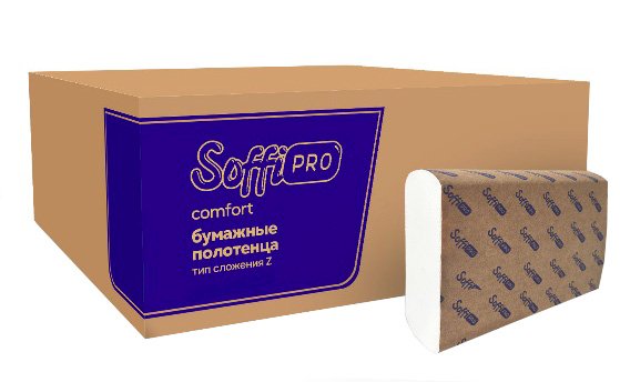 Полотенца бумажные SoffiPro Comfort, 21х19 см, 2-слойные, Z-сложения, белые, 200 листов, 20 упаковок в коробе