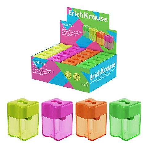 Точилка пластиковая ErichKrause Wave Duo Neon, 2 отверстия, контейнер, ассорти