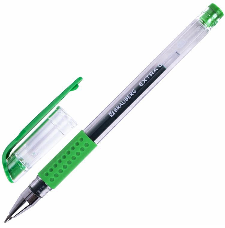 Ручка гелевая с грипом Brauberg Extra GT, стандартный узел 0,5 мм, линия 0,35 мм, зеленая