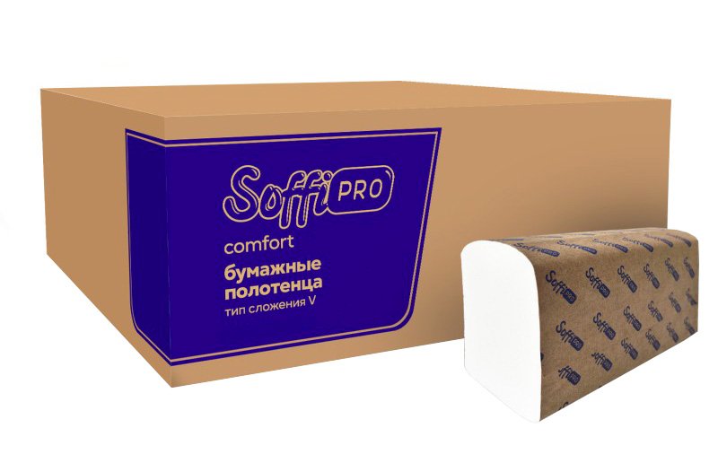 Полотенца бумажные SoffiPro Premium, 21х23 см, 2-слойная, V-сложения, белые, 200 листов, 20 упаковок в коробе
