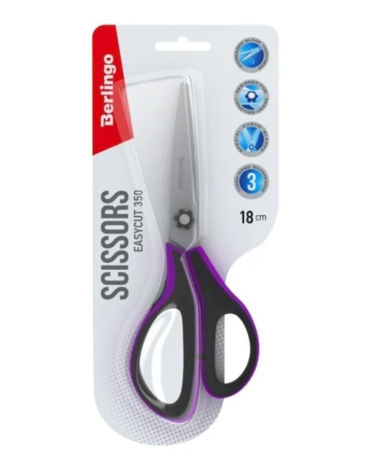 Ножницы Berlingo "Easycut 350", 18 см, ассорти, эргономичные ручки, мягкие вставки, европодвес