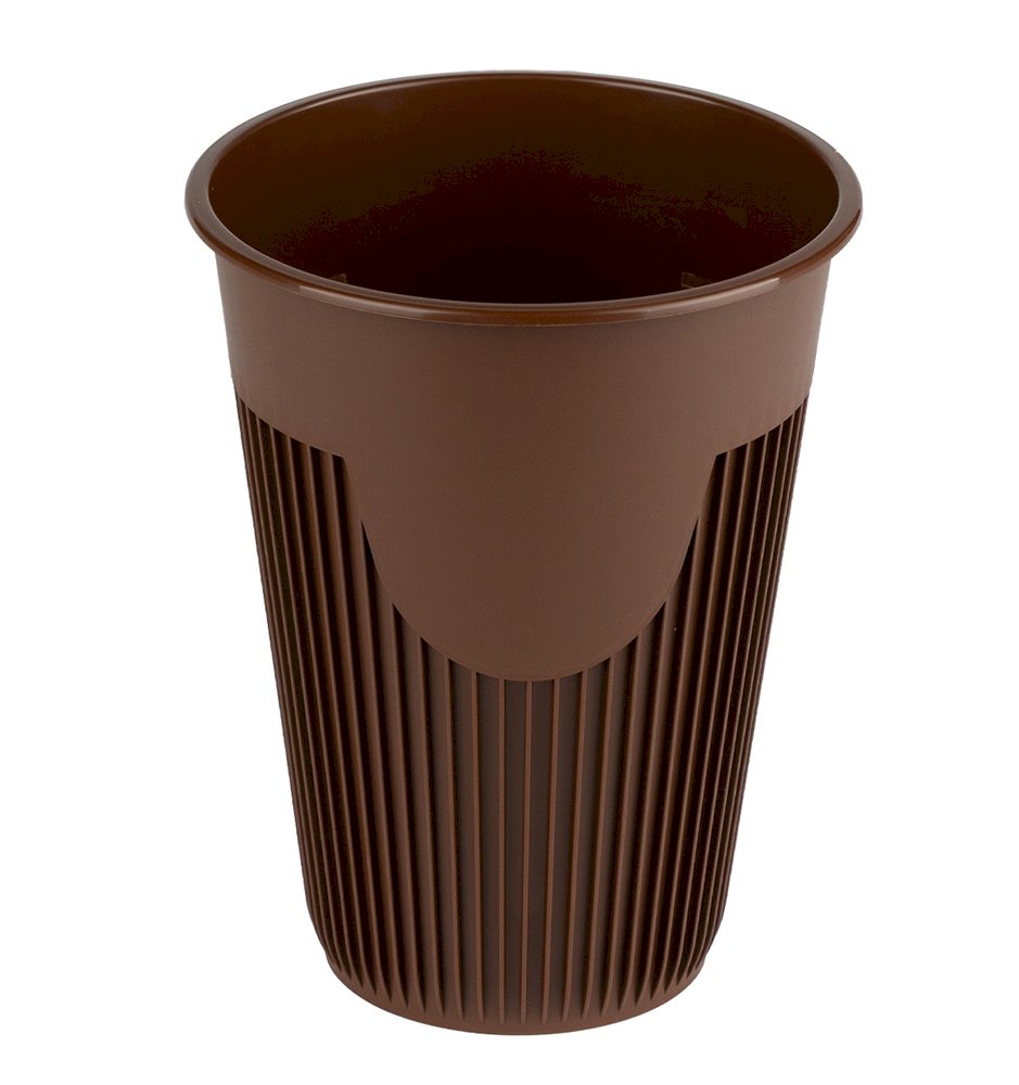 Стакан для горячих напитков выполнен из литого коричневого полипропилена. Длительно сохраняет тепло напитка, не обжигает руки за счет ребер на внешней поверхности стакана, обладает тактильно приятной поверхностью. Прочный, отличается оригинальным внешним видом. Подходит для чая, кофе, глинтвейна, какао в кафе, ресторанах, а также во время проведения зимних фестивалей, на катках, в уличных кафе и зимних террасах. Разработан специально для горячих напитков. Объем 350 мл.