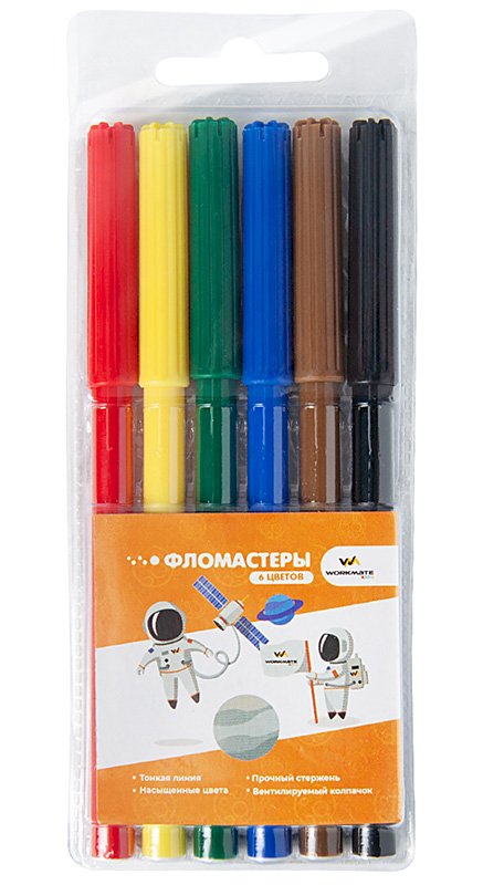 Фломастеры Workmate Kids, 6 цветов, вентилируемый колпачок в цвет чернил, в пластиковом блистере - фото №1