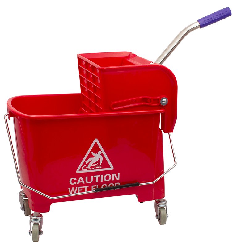 Ведро на колесах изготовлено из противоударного пластика красного цвета. Объем 20 литров. Предназначено для мытья полов во внутренних помещениях. Наличие совместимого с любыми насадками отжима исключает контакт грязного инвентаря с руками. Сетчатая поверхность отжима удерживает мусор и мелкую грязь внутри. Разделительная пластина внутри ведра, удерживает моющий раствор отдельно от воды для полоскания, благодаря чему обеспечивается прекрасный результат при уборке, происходит экономия моющих средств и оптимизация затрат рабочего времени и усилия. Металлическое основание с колесиками облегчает маневренность инвентаря, сокращает время профессиональной уборки помещений, не царапает покрытие пола.