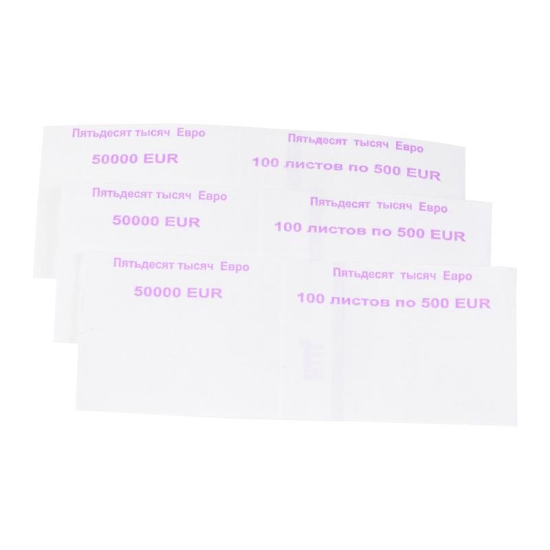 Кольцо бандерольное используется для поперечного обандероливания корешков купюр. Банковская упаковка изготавливается в соответствии с установленными требованиями Центрального Банка России. Бандерольная лента производится из мелованной прочной бумаги, прочность которой составляет не менее 60гр/м2. Бандерольная лента склеена таким образом, чтобы диаметр кольца соответствовал размеру и объему сложенных купюр, которые упаковываются по 100 листов в одной пачке. Такая банковская упаковка позволяют кассиру легко и быстро сформировать корешок из банкнот, и не требует использования дополнительных средств (кисточки и клея). При применении такого способа обандероливания наличных денежных средств отпадает надобность в использовании дорогостоящих ленточных автоматов и полуавтоматов. Этот метод формирования пачек называется поперечным. Банкноты любого состояния в бандерольном кольце удерживаются прочно и надежно. В упаковке 500 штук.