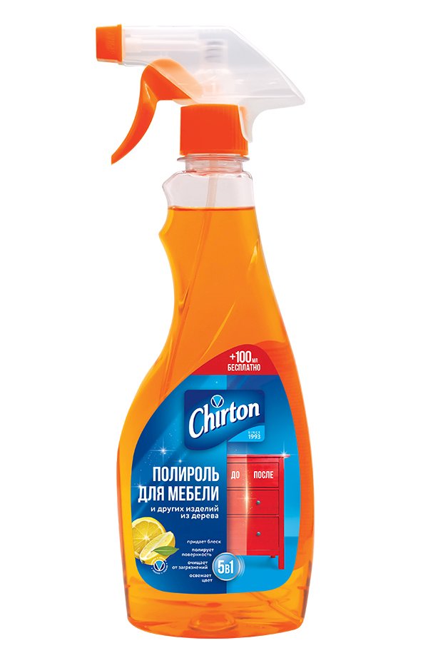Полироль Chirton для мебели предназначен для ухода и защиты деревянной мебели, придает ей естественный блеск и обновление внешнего вида. Бережно очищает от загрязнений, полирует поверхности, предотвращает от налипания пыли и механических повреждений, придает поверхностям блеск и приятный лимонный аромат. Эффективно удаляет следы от пальцев, пятна и потертости. Возвращает мебели первоначильный вид, освежает первоначальный цвет, подчеркивает естественную текстуру и придает мебели ухоженный вид. Наличие курка на флаконе обеспечивает точное дозирование и экономию средства. Объем 500 мл.