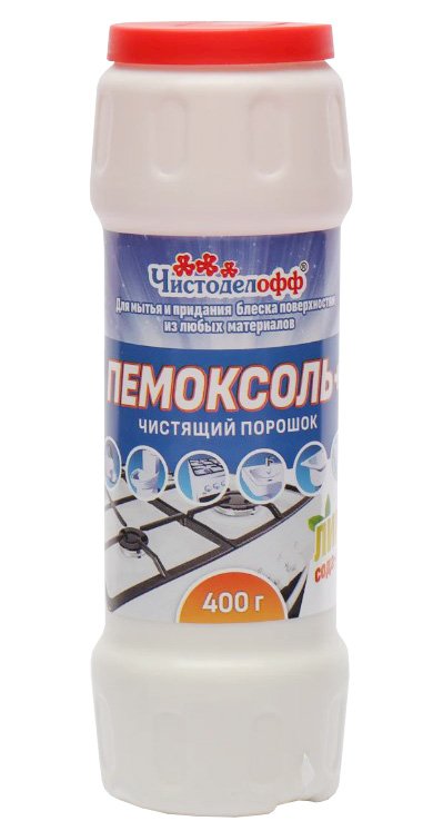 Порошок чистящий Чистоделофф Пемоксоль Лимон предназначен для чистки кухонной посуды, газовых и электрических плит, раковин, ванн, унитазов, керамических изделий, кафеля, метлахской плитки. Чистит, обезжиривает, удаляет неприятные запахи.
Поставляется в пластиковой банке, вес 400 г. В упаковке 20 штук. Срок годности 24 месяца.
Состав:  > 30% мрамор молотый, > 5% но <15% сода, фосфаты, < 5%АПАВ, отдушка. 

