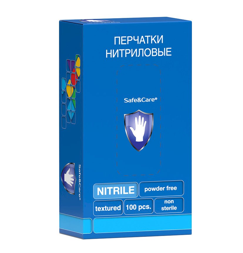 Перчатки нитриловые Safe&Care, размер М, голубые, 100 штук