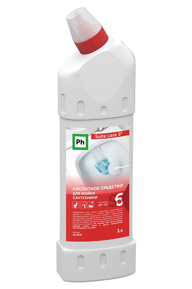 Ph Suite care S6 Кислотное средство для мойки сантехники удаляет труднорастворимые минеральные отложения с поверхностей унитазов, биде, писсуаров и раковин. Предназначено для очистки фарфоровых сантехнических изделий от застарелых и сложных загрязнений. За несколько применений возвращает запущенной сантехнике первоначальный внешний вид. При регулярном использовании предотвращает образование минеральных отложений. Не подходит для чистки акрила, мрамора, латуни, хрома и других поверхностей чувствительных к кислотам.

Состав: >30% вода деионизированная, < 5%НПАВ, < 5% КПАВ, < 5% кислота соляная, краситель, парфюмерная композиция.

Способ применения: Спустить воду, нанести под ободок унитаза, подождать 3-5 минут, обработать ершиком, спустить воду.

Показатель рН ~ 1,5

Меры предосторожности: Работать в перчатках. При попадании в глаза промыть их проточной водой, при необходимости обратиться к врачу. Не употреблять внутрь.

Хранение и транспортировка: Хранить в местах, недоступных для детей, отдельно от пищевых продуктов и лекарственных средств, вдали от источников тепла при t° от -5°С до +35°С. Перевозится всеми видами транспорта. Не является опасным грузом.

Продукт разработан для профессионального применения. Компания-изготовитель не несет ответственности за неправильное использование и хранение средства.

Произведено в России.

Срок годности: 3 года с даты изготовления.