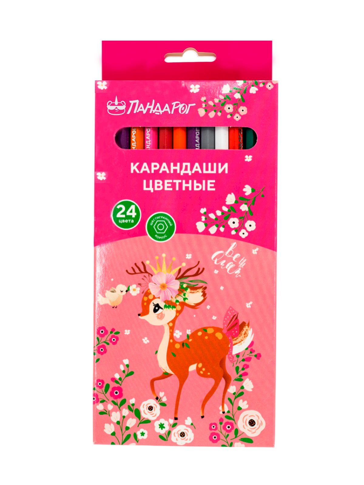 Карандаши цветные ПандаРог Олененок, 24 цвета, пластиковые, шестигранные