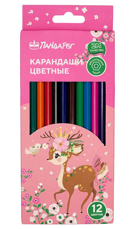 Карандаши цветные ПандаРог Олененок 12  цветов, пластиковые, шестигранные