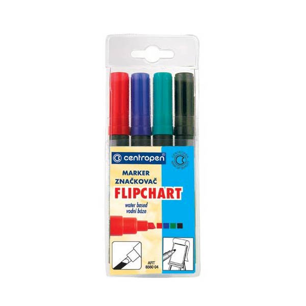 Набор маркеров для флипчарта Centropen предназначен для письма на  бумажной доске «Флипчарт». Чернила на водной основе не просачиваются через бумагу, не расплываются, не имеют запаха и экологически безопасны. Вентилируемый колпачок. Круглый наконечник. Ширина линии -  2,5 мм. 4 цвета: черный, синий, зеленый, красный.